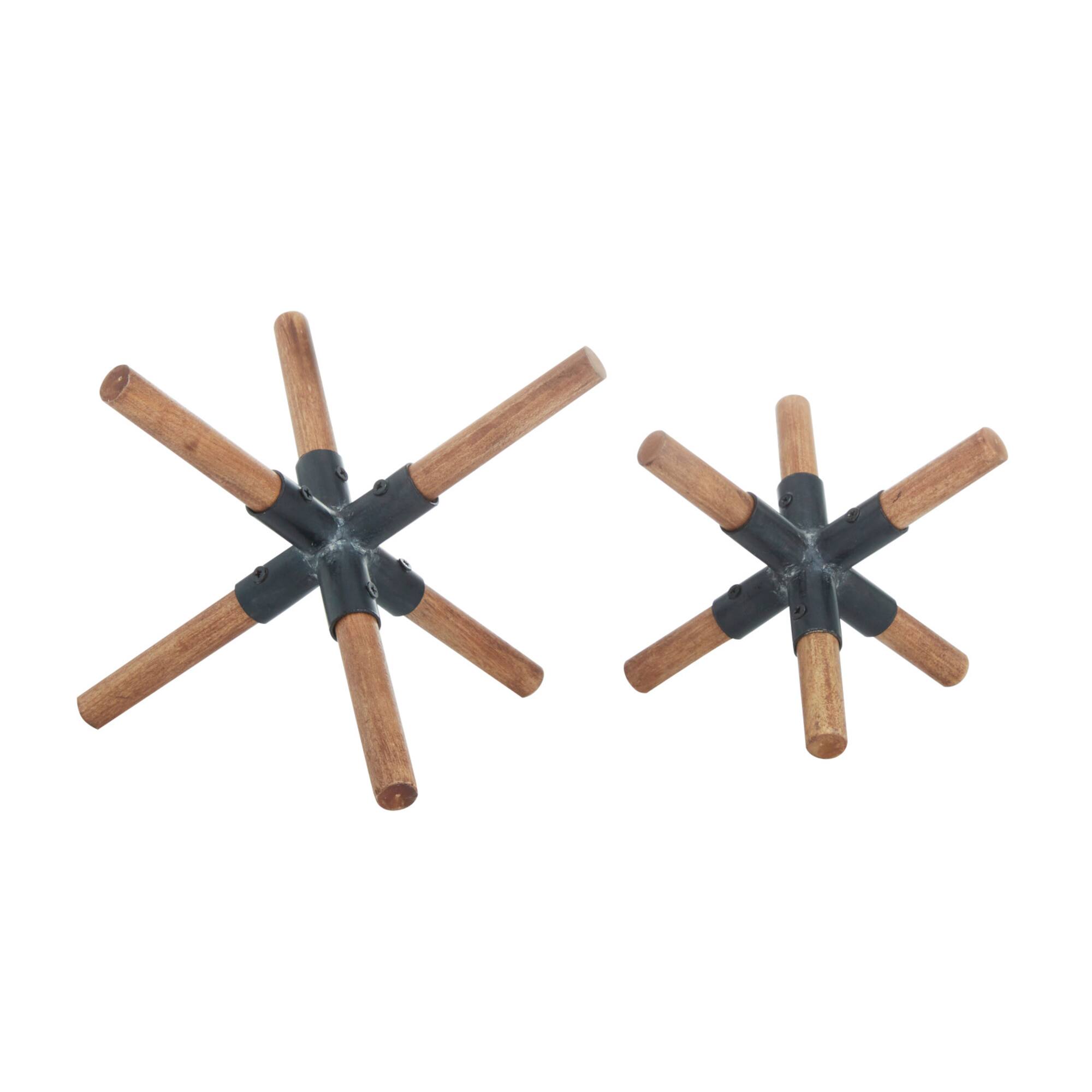 Set of 2 Brown Wood Industrial Sculptures, 6" x 6" x 5"